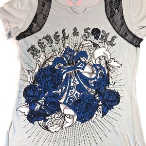 Rebel & Soul Embellished Top - Blue Roses, Angel Wings and Cross Graphic Medium